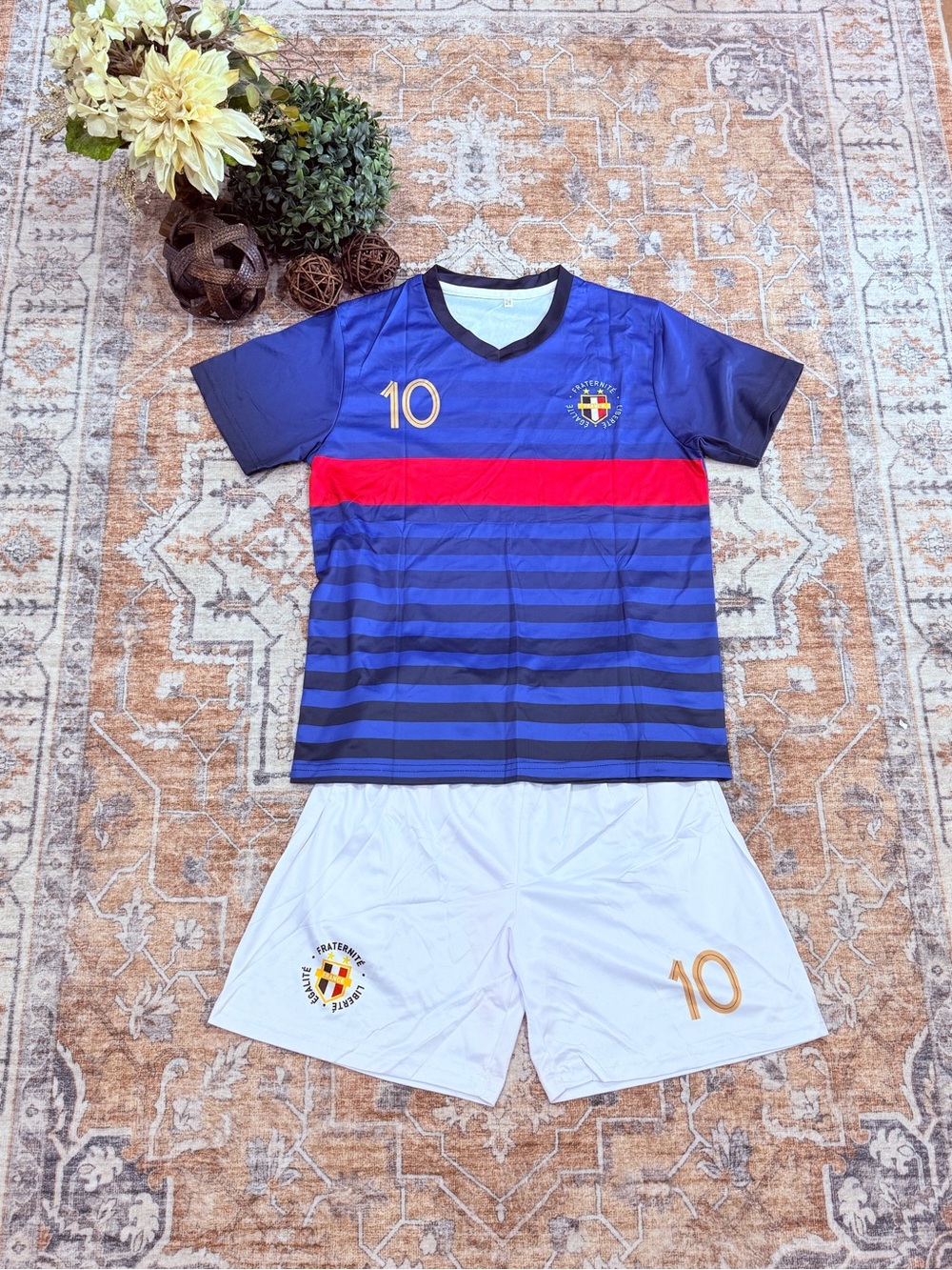 Kids Blue & Red Striped Soccer Jersey with White Shorts - Number 10